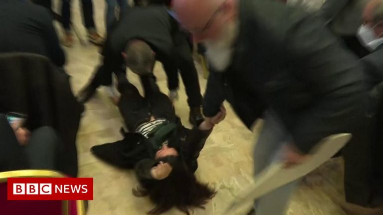 Le Pen protester dragged from news convention